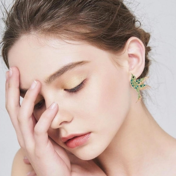 Green Rhinestone Bird Earrings Gold Hummingbird CZ Pave Crystal Birds Post Style - Picture 2 of 9